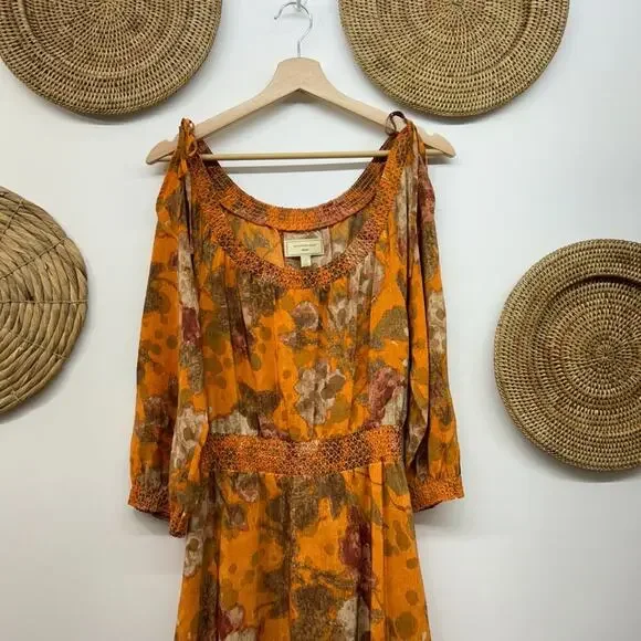 Anthropologie Moulinette Soeurs Beautiful Orange Silk Cold Shoulder Midi Dress 0 - Picture 3 of 8